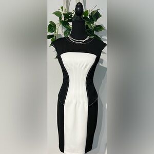 Fully lined black and white body conscious dress with white detail